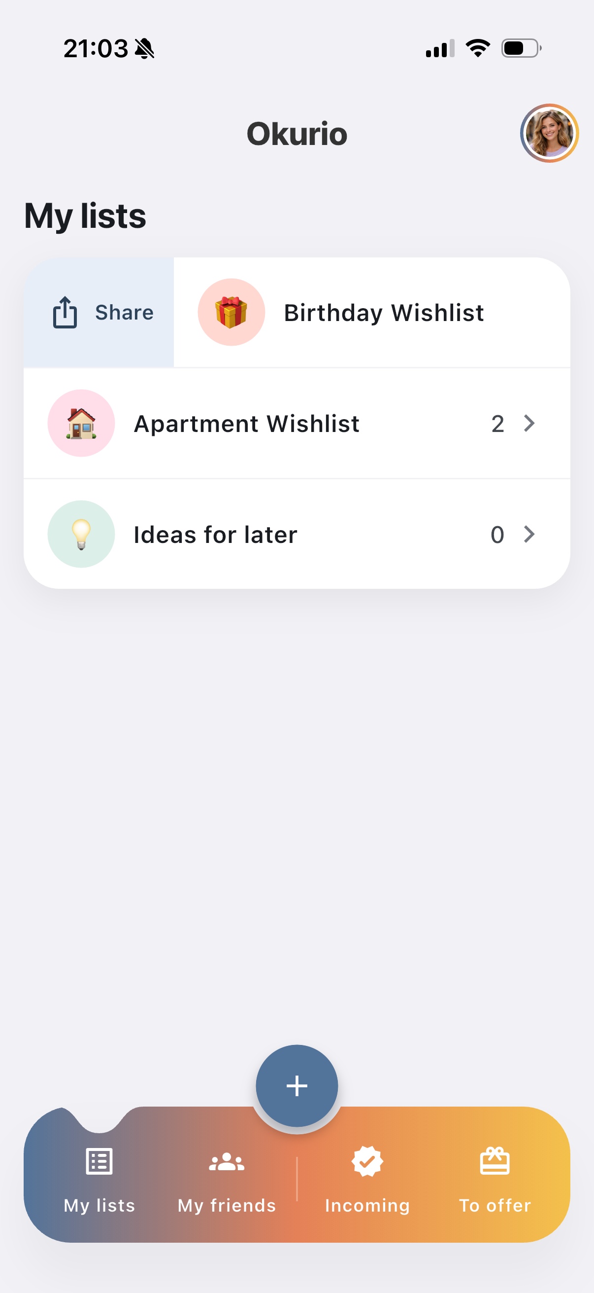 Okurio screenshot for list overview and quick sharing